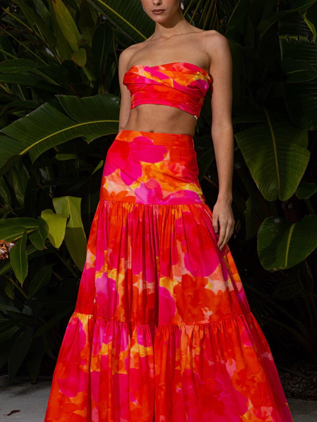 Vibrant Pink & Orange Floral Tiered Maxi Skirt & Tube Top Set